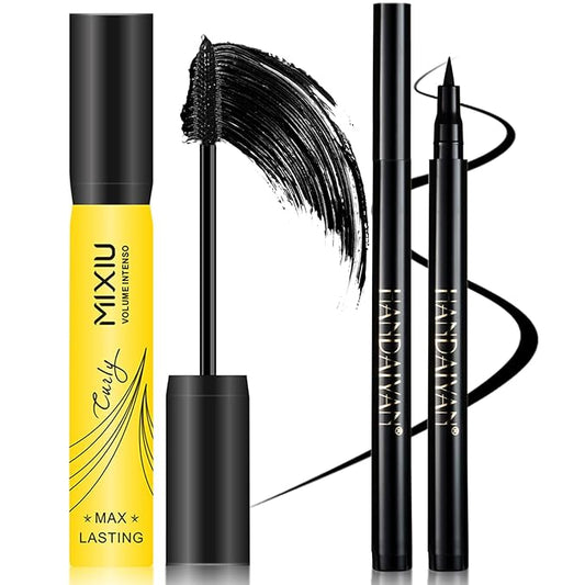 Mascara Eyelashes & Liquid Eyeliner Pencil Set, Lash Extensions Mascara Volume and Length Waterproof, Long-Lasting Smudge-Proof Makeup Set for Women #Black