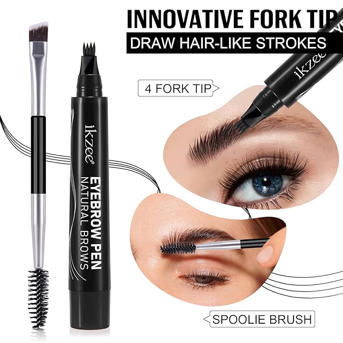 3D Microblading Eyebrow Pencil, 2024 New Waterproof Microblading Eyebrow Pencil Contouring Pen with 4 Fork Tip & Spoolie Brush, Precise Brush-Tip Create Natural Hair-Like Brows (#5 Black)