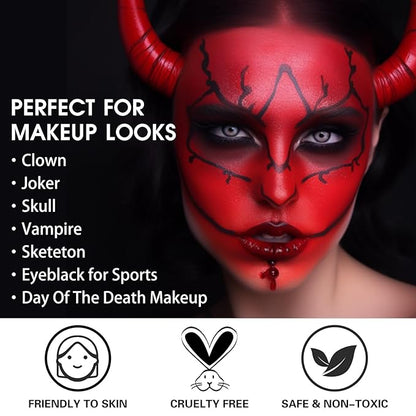 BOBISUKA Red Face Paint, Blendable Cream Body Painting Kit, Eye Black for Sports, Facepaint for Clown Joker Demon Devil Vampire Halloween Makeup, Cosplay, Costume, Parties, Stage, Theater