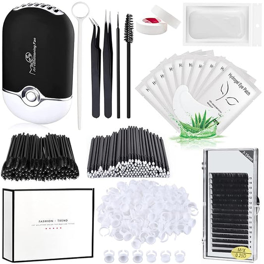 Eyelash Extension Supplies Kit with Individual Lash 0.07D Curl Mix 7-15mm USB Lash Fan Dryer Gel Patch Silicone Holder Pad Tweezers Mirror Disposable Mascara Brush Mini Applicator Glue Ring Tapes