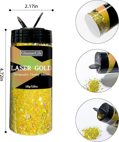 GlimmerLife Gold Chunky Glitter 150G/5.29OZ Glitter, Iridescent Metallic Craft Sequin for Resin, Mixed Holographic Chunky Glitter for Nail Art, Body Makeup, DIY Christmas Decorations