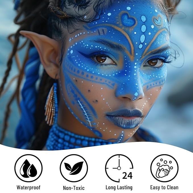 BOBISUKA Halloween Face Paint Kit - Black, White, Blue + Body Glitter Gel + Face Gems - Professional Washable Body Paint for SFX, Cosplay, Party, Stage Performance Makeup