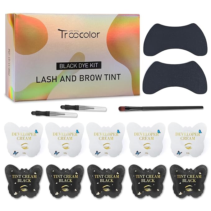 Troocolor 2-in-1 Eyelash & Brow Color Kit - Natural Black Lash Color Effect, Salon-Quality Results, Easy Application for Beginners/Professionals, Lasts 4 Weeks (with black eyepatches)