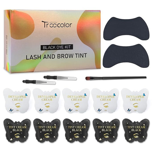 Troocolor 2-in-1 Eyelash & Brow Color Kit - Natural Black Lash Color Effect, Salon-Quality Results, Easy Application for Beginners/Professionals, Lasts 4 Weeks (with black eyepatches)