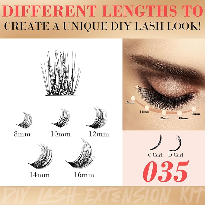 Lash Extensions Kit with 180 PCS Individual Lash Clusters, Eyelash Tweezers for Lash Extensions, Lash Bond and Seal Waterproof, Clusters Lash Glue Remover Easy to Apply at Home