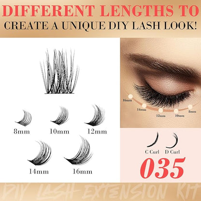 Lash Extensions Kit with 180 PCS Individual Lash Clusters, Eyelash Tweezers for Lash Extensions, Lash Bond and Seal Waterproof, Clusters Lash Glue Remover Easy to Apply at Home
