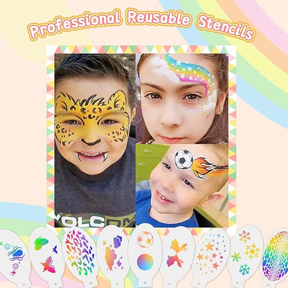 Professional Face Painting Kit for Kids,12X10gm Water Activated Rainbow Cake Face Paint with Stencil & Brushes,Hypoallergenic & Non-Toxic,Gift for Birthday Parties/Halloween/Carnival