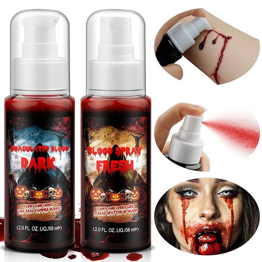 2PCS Halloween Fake Blood Makeup Kit, 2 oz Washable Fake Coagulated Blood +Fake Blood Spray, Special Effects Sfx Makeup, Realistic Fake Blood for Zombie, Vampire, Monster, Scary Clown Makeup