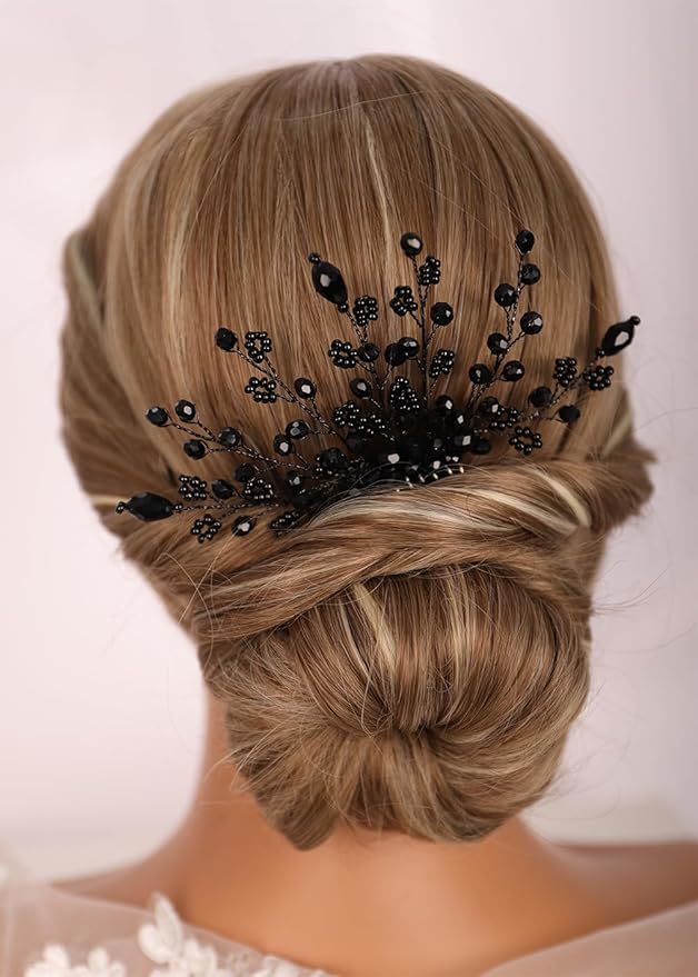 Kercisbeauty Tiny Cute Black Beads Flower Hair Comb Wedding Bridal Handmade Dainty Hair Accessories Headpiece for Women Girls Prom Jewelry