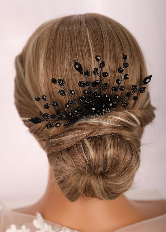 Kercisbeauty Tiny Cute Black Beads Flower Hair Comb Wedding Bridal Handmade Dainty Hair Accessories Headpiece for Women Girls Prom Jewelry