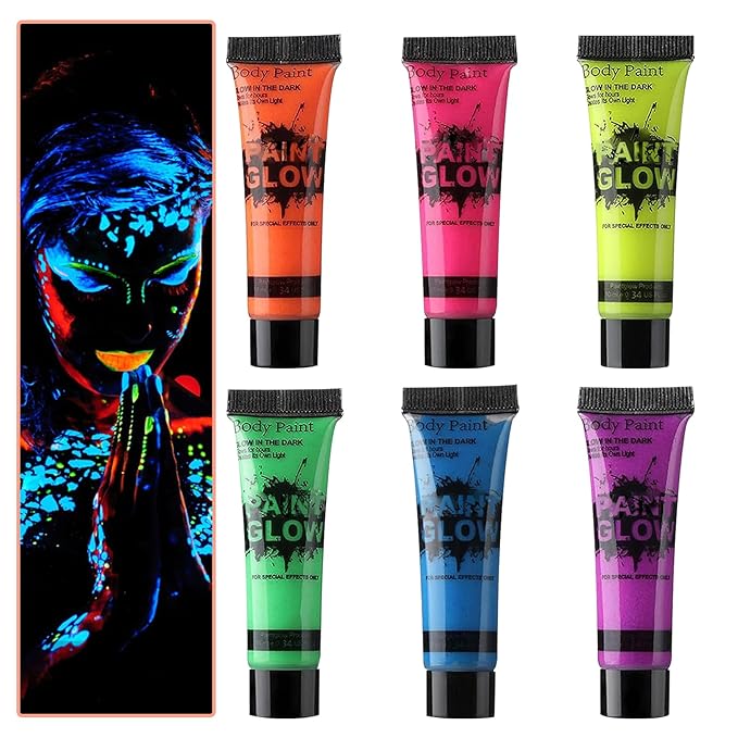 Glow in the Dark Face Body Paint,Blacklight Neon Halloween Face Paint,Neon Fluorescent Body Paint for Halloween Festivals Stage Christmas Party and Events,Set of 6 Tubes