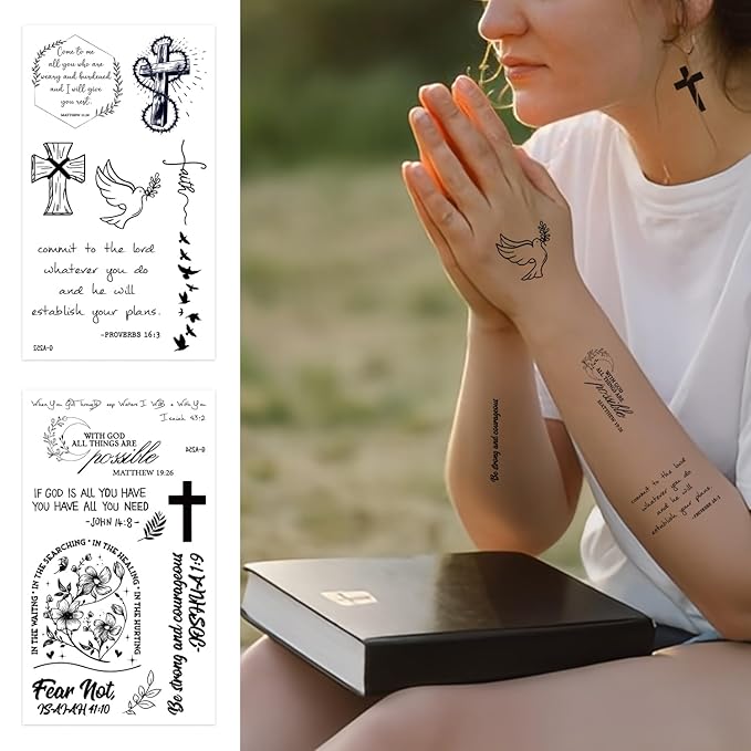 72PCS Christian Temporary Tattoos For Adults Inspirational Bible Verse Quotes Suitable Tattoos Stickers For Believers As Well As Women And Men