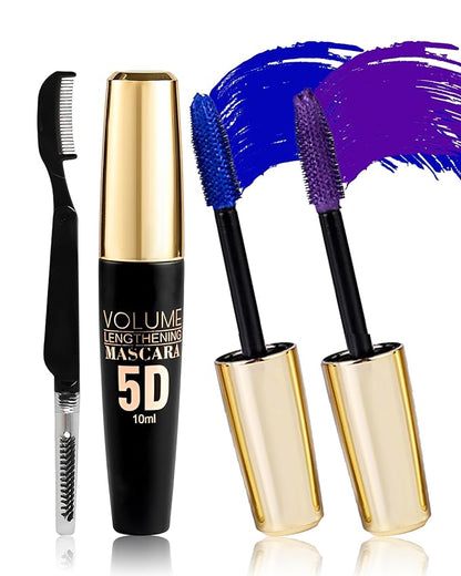 2PCS Blue Purple Waterproof Mascara for Eyelashes, 5D Silk Fiber Liquid Lash Extensions Colored Mascara with Eyelash Comb Brush, Long Lasting Volumizing and Length,Christmas Eye Makeup Gift for Women