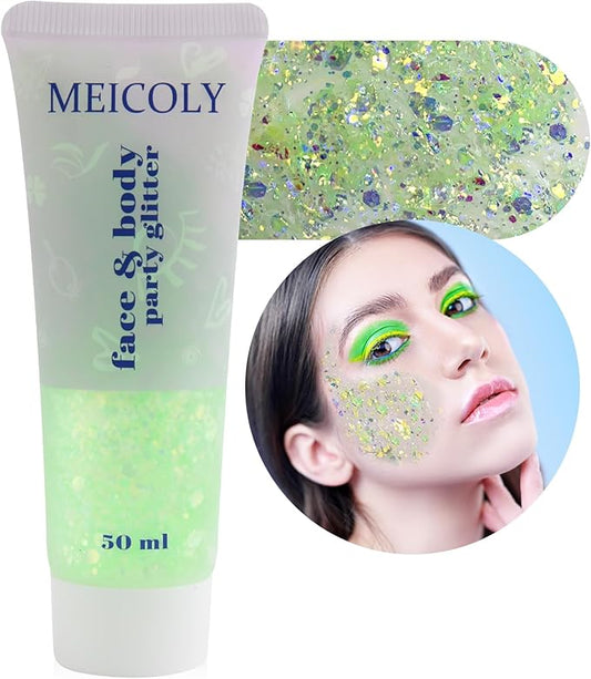 MEICOLY Chameleon Lime Green Body Glitter,Chunky Face Glitter for Halloween,Color Changing Mermaid Face Glitter Gel,Holographic Glitter Sequin for Face Body Hair,Festival Party Cheer Glitter Makeup