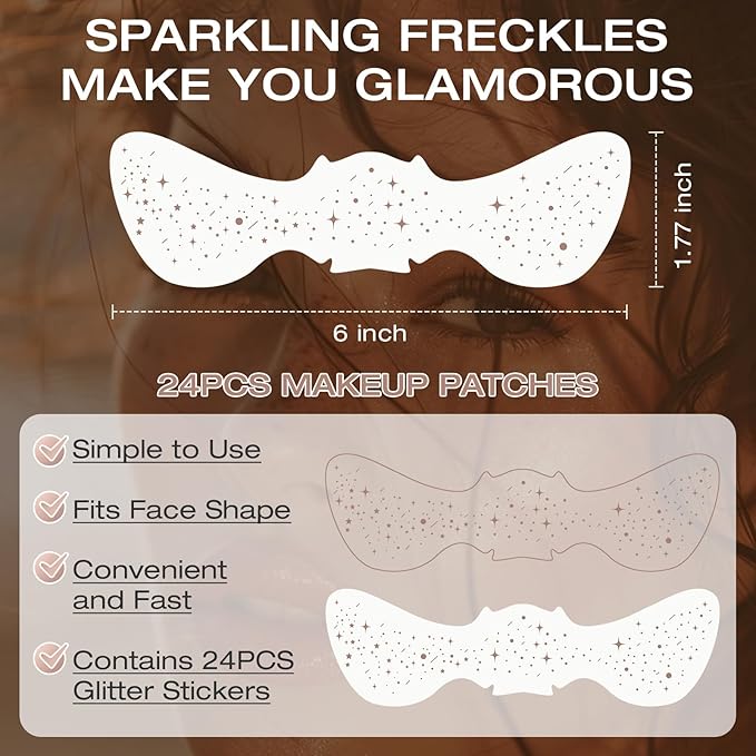 24 Pcs Glitter Freckles Face Tattoo,Brown Face Glitter Makeup Patches Cute Sparkle Freckles Patches Waterproof Makeup Speckles for Face Accessories for Women Girls