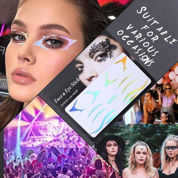 Uranian Holographic Eyeliner Stickers Temporary Self-adhesive Eyeshadow Sticker for Women Girls Spider Web Stars Eyelid Tape Wing Eye Makeup Stickers for Halloween Carnival Club Festival Party (Set 2)