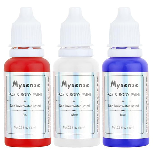 Mysense Red White and Blue Face Paint,Patriotic USA Flag Makeup,4th of July Outfit Accessories,Water Based Non-toxic Cream Body Paint for Adults and Kids Halloween SFX Cosplay Clown Makeup,0.6oz/pc