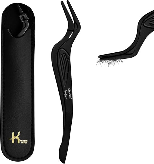 Eyelash Applicator Tool in Leather Case -Best Lash Cluster Applicator-with Stainless Steel Curved Design Lash Applicator Use for Wisps Lashes(Nude) (Black)