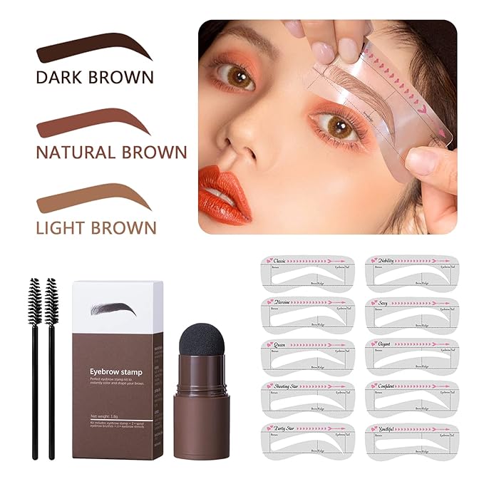 Eye-Brow Stamp Stencil Kit, Waterproof Brow Stamp Shaping Kit Eyebrow Definer, Eyebrow Filling Powder Stamp, Women Makeup Tools with 10 Reusable Eyebrow Stencils, 2 Eyebrow Brushes(Natural Brown)