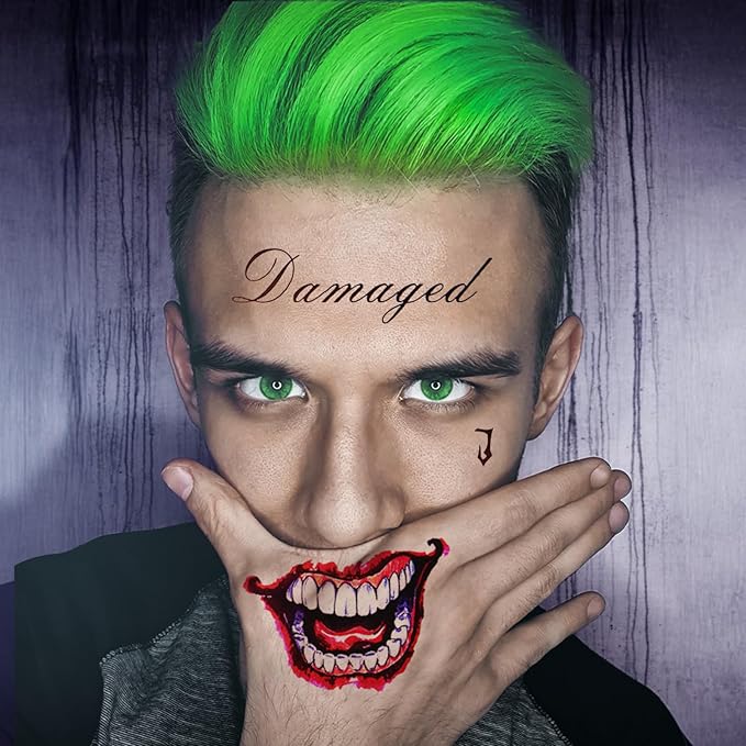 Joker Temporary Tattoos and Hair Color - 6 Sheets Joker Fake Tattoos and 20g Temporary Green Hair Color Wax Set for Halloween, Parties and Cosplay, 2 Black Eyebrow Brushes