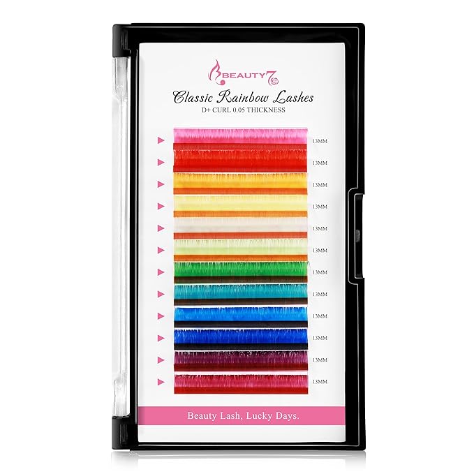 Beauty7 Colored Lash Extensions Rainbow Classic D+ Curl 0.05mm Thickness 13mm Dramatic Eyelashes Ombre 12 Colors