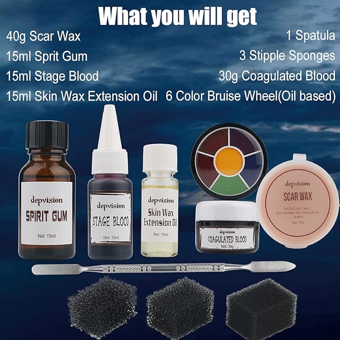 Halloween SFX Makeup Kit - Scar Wax with Spatula, Spirit Gum,Skin Wax Extension Oil,Scab Coagulated Blood, Stipple Sponges,Fake Blood,Bruise Wheel for Special FX,Halloween Theatrical Makeup