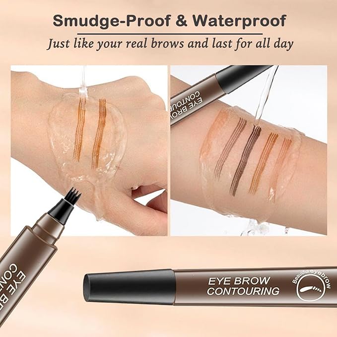 Microblading Eyebrow Pen, PreciRise Eyebrow Pen with a 4 Micro-Fork Tip and One“8 x 6'' IN Double Sides Practice Skin for Natural Looking Hair-Like Defined Brows, Stays on All Day, Dark Brown