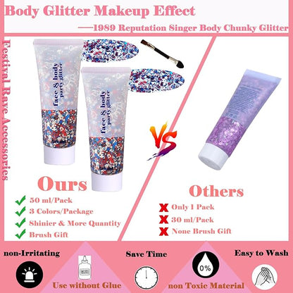 Body Glitter Face Glitter Gel: Singer Concerts Disco Festival Rave Accessories Face Glitter Makeup 150ml Chunky Sequins Mermaid Face Body Hair Glitter Gel (2 USA Pride)