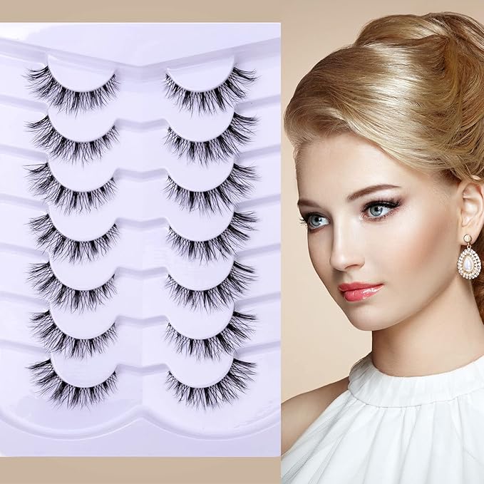 Fluffy Natural Lashes 12mm Clear Band Cat Eye False Eyelashes Short Fake Lashes Wispy - 7 Pairs, ZT93