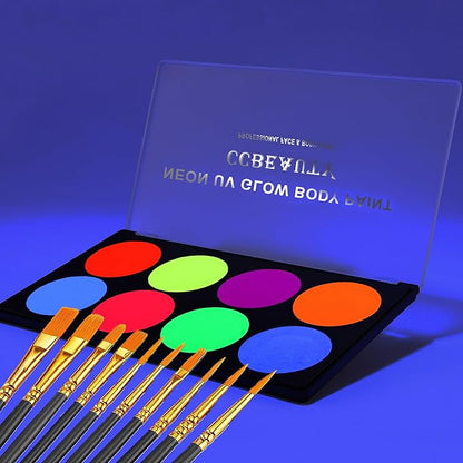 CCbeauty Large UV Glow Face Body Paint Palette, 8 Neon Glow In BlackLights Painting Kit, Water Activated Eye Liner, Safe Washable for Kids Adult, Halloween Costume Masquerades Club Makeup + 10 Brushes