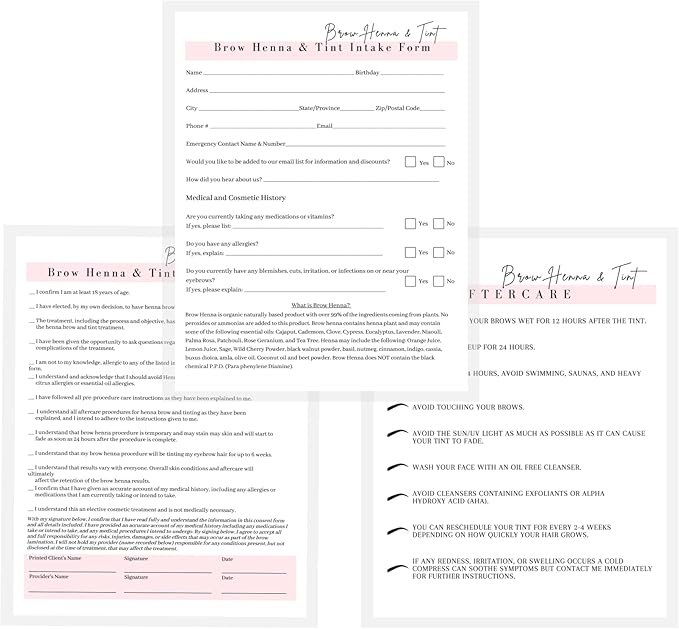 Brow Henna and Tint Intake Forms, Consent, and Aftercare Instruction Cards | 75 pk, 25 of Each | for Client Signature Medical History Information 8.5x11” A1