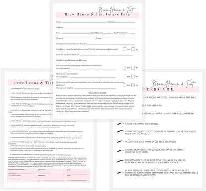 Brow Henna and Tint Intake Forms, Consent, and Aftercare Instruction Cards | 75 pk, 25 of Each | for Client Signature Medical History Information 8.5x11” A1