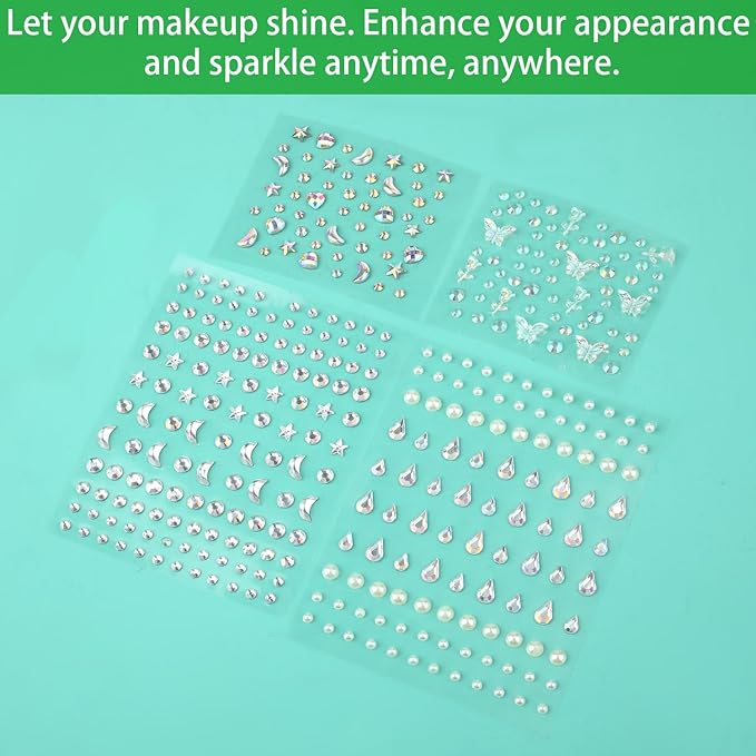 4 Sheets Face Gemstones, Self-Adhesive Face Diamonds Stickers Rhinestones for Makeup Hair Gems Pearl Face Rhinestone Tattoos for Women Girls Face Eyes Nail Hair