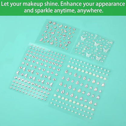 4 Sheets Face Gemstones, Self-Adhesive Face Diamonds Stickers Rhinestones for Makeup Hair Gems Pearl Face Rhinestone Tattoos for Women Girls Face Eyes Nail Hair