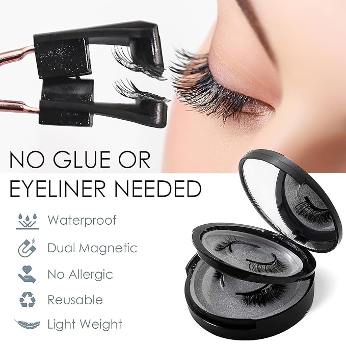 Reusable Magnetic Eyelashes – 4 Pairs Natural Look False Lashes with Easy Applicator, No Glue or Eyeliner Needed, Comfortable & Waterproof for All-Day Wear
