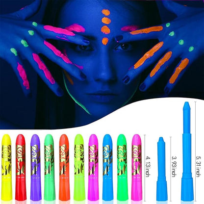 UV Neon Face & Body Paint Stick -10 Glow-in-the-Dark Colors for Halloween, Parties, Raves-Safe Non-Toxic UV Reactive Makeup for Skin, Cosplay & Festivals