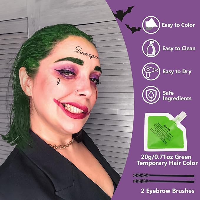 Joker Temporary Tattoos and Hair Color - 6 Sheets Joker Fake Tattoos and 20g Temporary Green Hair Color Wax Set for Halloween, Parties and Cosplay, 2 Black Eyebrow Brushes