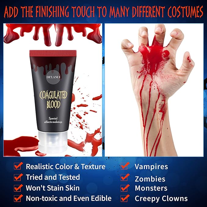 Halloween Fake Blood Makeup Kit - Edible Fake Blood Gel 1.06oz + Fake Blood Spray 1.76oz + Coagulated Blood 1.06oz, Realistic Washable Special Effects SFX Makeup Set for Zombie Vampire Monster Cosplay