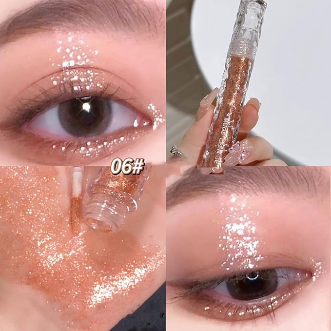 6pcs Liquid Glitter Eyeshadow Set, Shimmer Eye Make Up for Korean Crystals Makeup, Quick Drying, Pigmented and Long Lasting Eyeshadow Eye Liner, Silver Pink Gold Crystals Eye Glitter Makeup