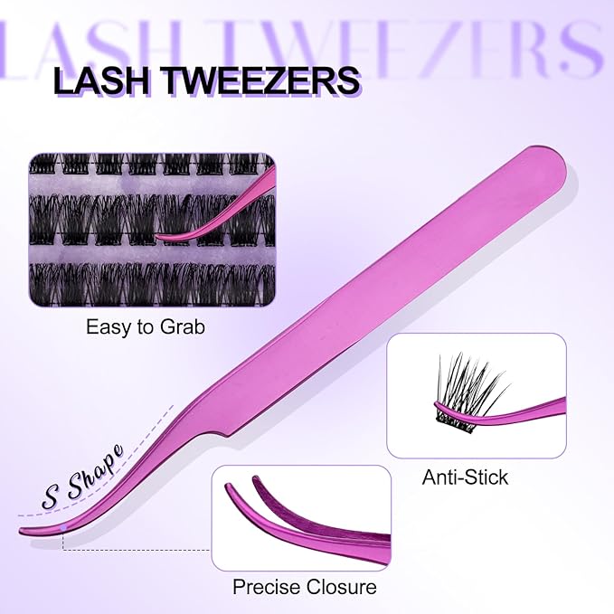 Self Adhesive Eyelashes Kit DIY Eyelash Extension Reusable Adhesive Eyelashes Press On Falsies No Glue No Remover Needed Self Stick Cluster Lashes and Tweezers(C02-0.07D Kit,10-18mm)