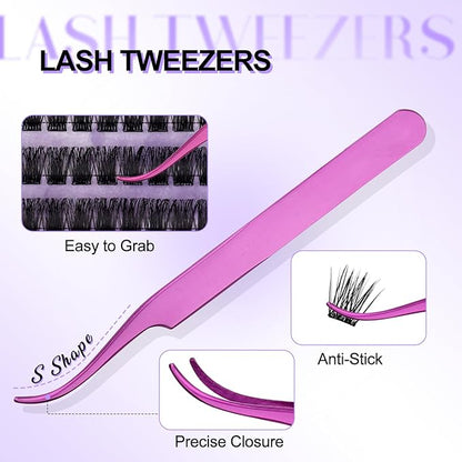 Self Adhesive Eyelashes Kit DIY Eyelash Extension Reusable Adhesive Eyelashes Press On Falsies No Glue No Remover Needed Self Stick Cluster Lashes and Tweezers(C02-0.07D Kit,10-18mm)