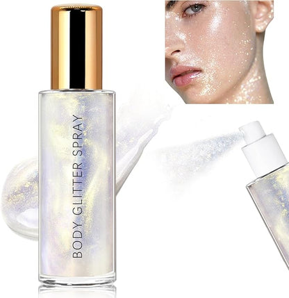 Body Glitter Spray, Moisturizing Bronze Body Shimmer Luminizer Glow Illuminator Quick-Drying and Non-Sticky Liquid Highlighter Spray for Face Hair Glitter, 60ML -Silver