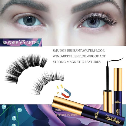 Menaka Magnetic Eyelashes and Eyeliner Kit, Reusable Magnetic Lashes with Eyeliner and Tweezers, 3D Natural Look False Eyelashes, No Glue Needed,Cruelty Free,(7pairs)