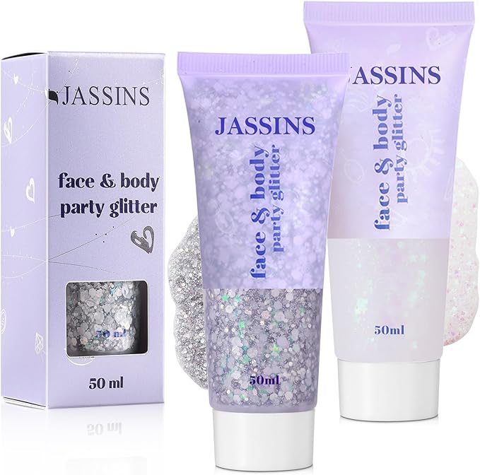 JASSINS 2 Pack Face Body Glitter, 100ml Silver White Glitter Gel Makeup for Women Girls Kids, Singer Concerts Festival Rave Accessories, Chunky Mermaid Sequins Glitter
