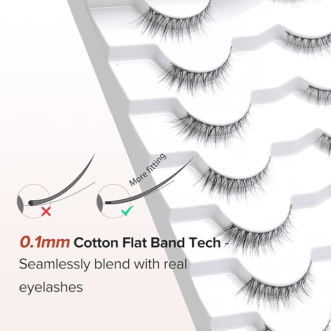 False Eyelashes Wispy Lashes Natural Look 12mm Cat Eye Eyelashes 3D Volume Natural Lashes 0.1MM Thin Band Strip Lashes Siligli Eye Lashes C Curl 7 Pair