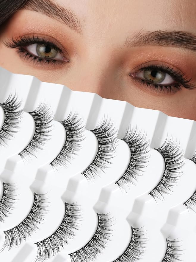 Natural Cat Eyelashes False Lashes Wispy 14mm False Eyelashes Natural Look 0.1MM Thin Band Strip Lashes Pack C Curl Fake Eyelashes Wispy Cat Eye Lashes 3D Volume Siligli Lashes 7 Pair