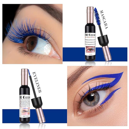 Blue Mascara & Liquid Eyeliner Set, Waterproof Eyeliner Colored Mascara Volume and Length Halloween Eye Liner Lash Makeup Natural Smudge-Proof Colorful Lasting Wine Bottle Pigmented Pencil