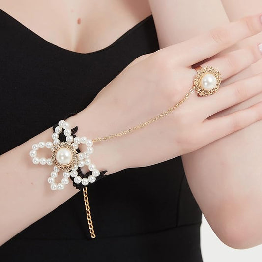 Gothic Pearl Lace Steampunk Wristband Vintage Pearl Pendant Tassel Lace Hand Chain with Finger Ring Lolita Lace Hand Accessories for Women and Girls (Style 8)