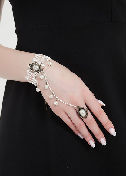 Gothic Pearl Lace Steampunk Wristband Vintage Pearl Pendant Tassel Lace Hand Chain with Finger Ring Lolita Lace Hand Accessories for Women and Girls (Style 3)