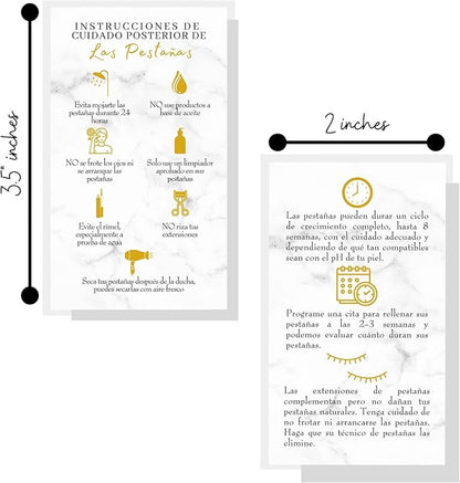 Spanish Lash Aftercare Instructions | 50pk | Cuidado Posterior de la Extensión de Pestañas | 2 x 3.5” inch Card for clients | Eyelash Extension Supplies marble gold beautiful, 2-3 week refills fillers